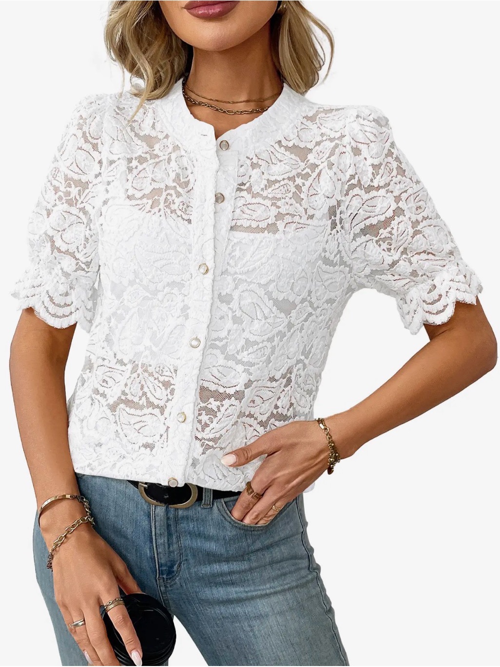 White Lace Button-Front Short Sleeve Blouse
